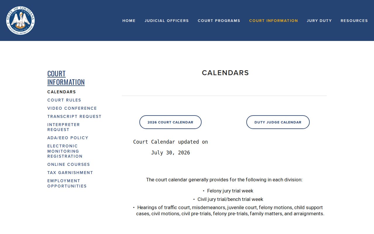 Livingston Parish court calendar at the 21st Judicial District Court