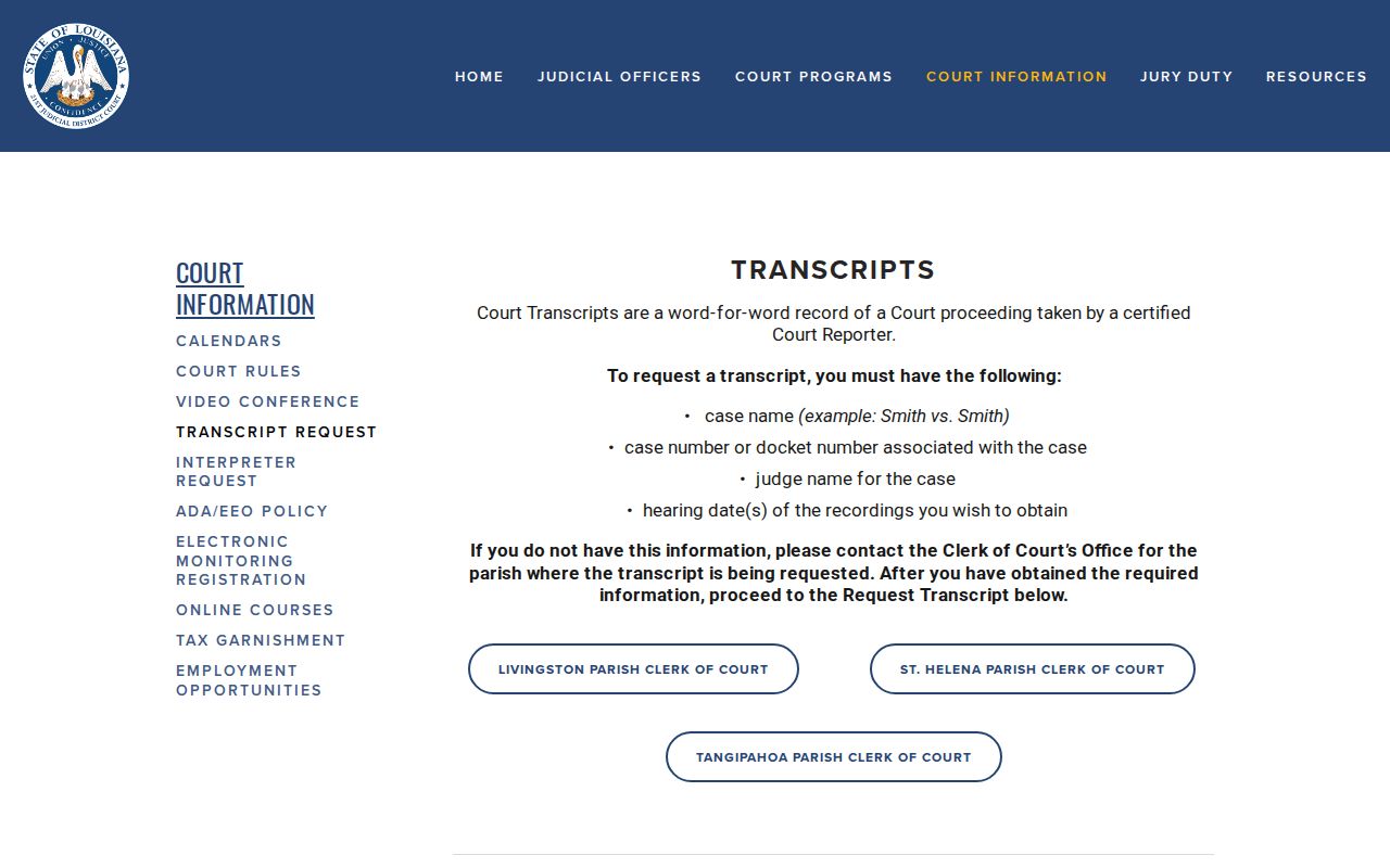 Livingston Parish court records transcript request information